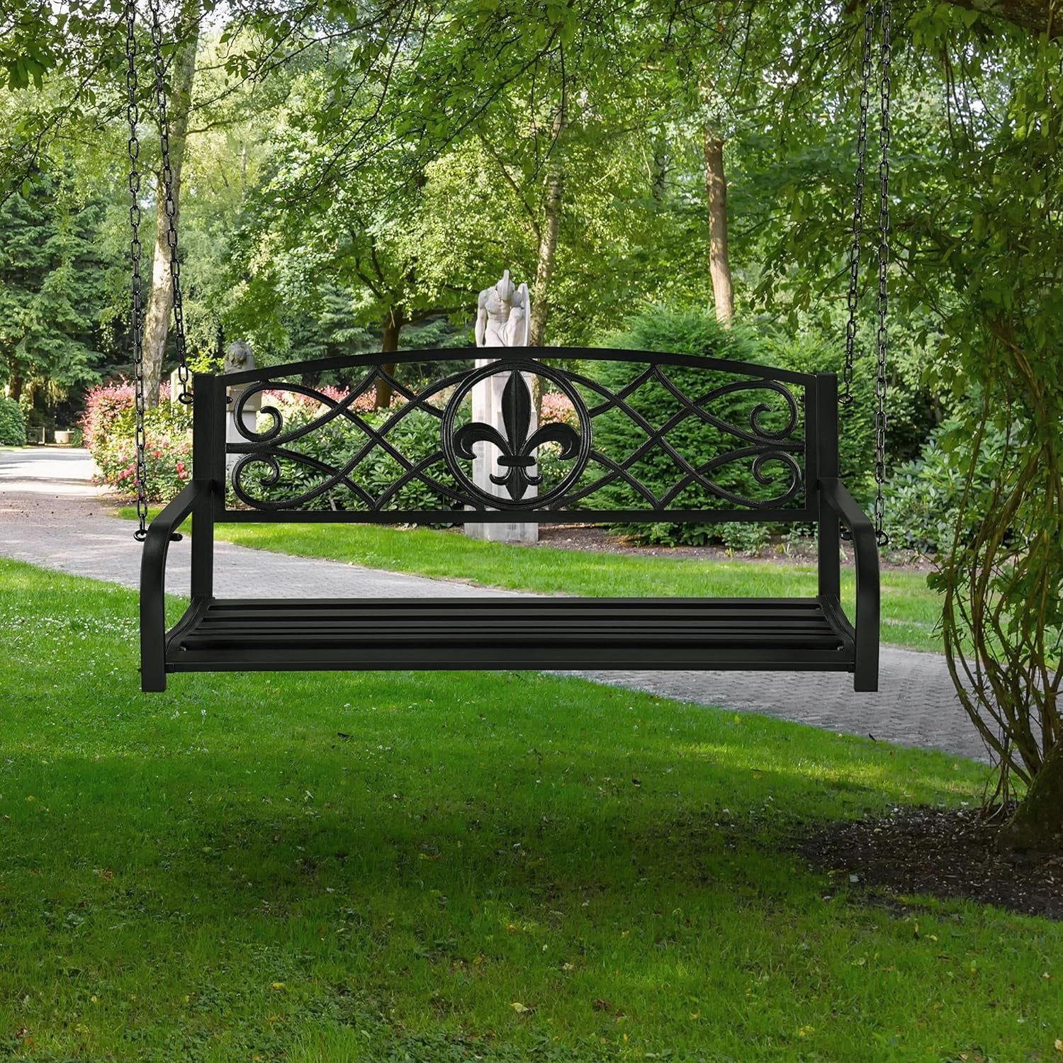 Outdoor Porch Swing, 2 Persons Patio Swing Chair Metal Hanging Bench, Heavy Duty 500lb Weight Capacity Swing Seat All-Weather Resistant, Black