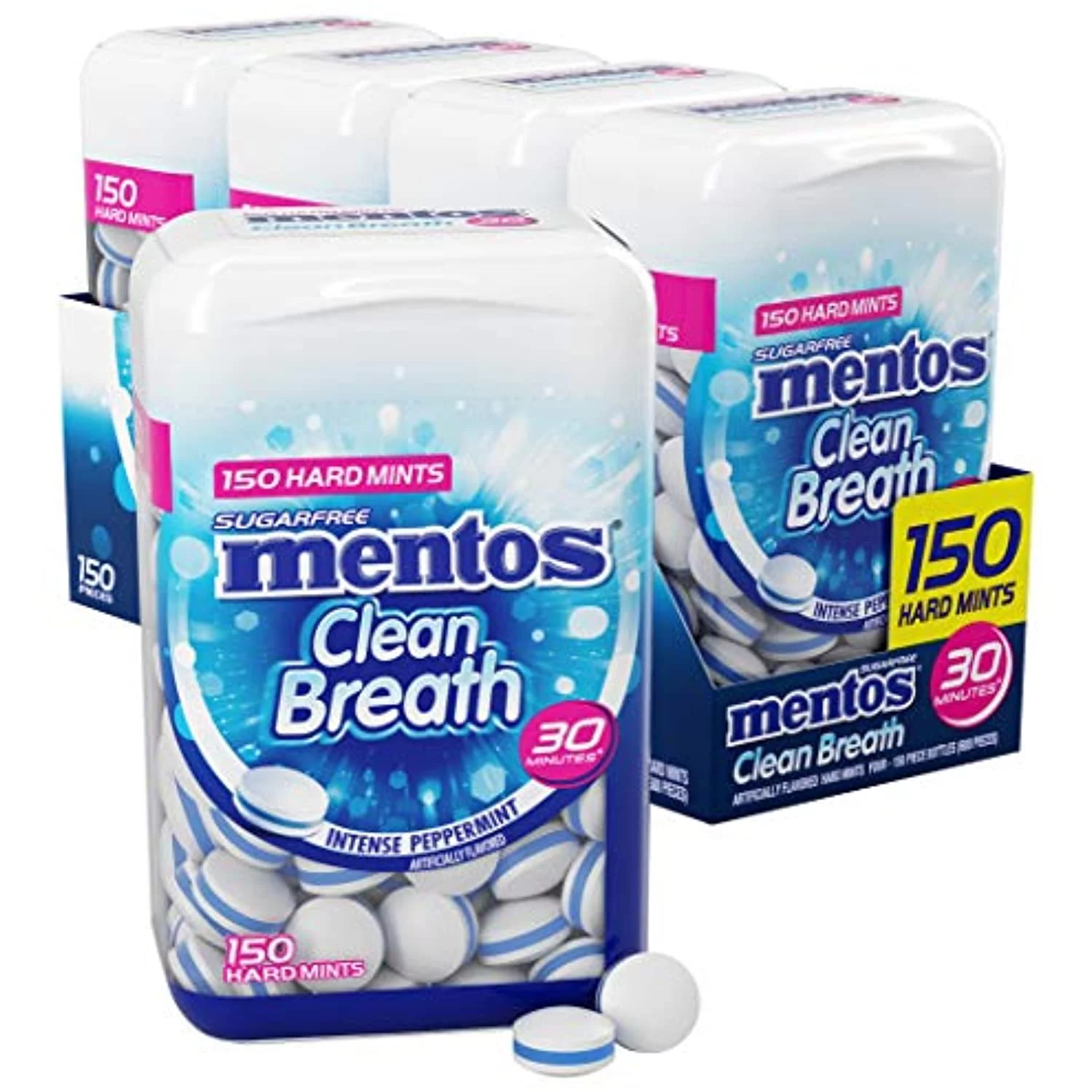 Mentos Clean Breath Sugarfree Hard Mint, 150Pc, Intense Peppermint (Pack Of 4 Bottles)