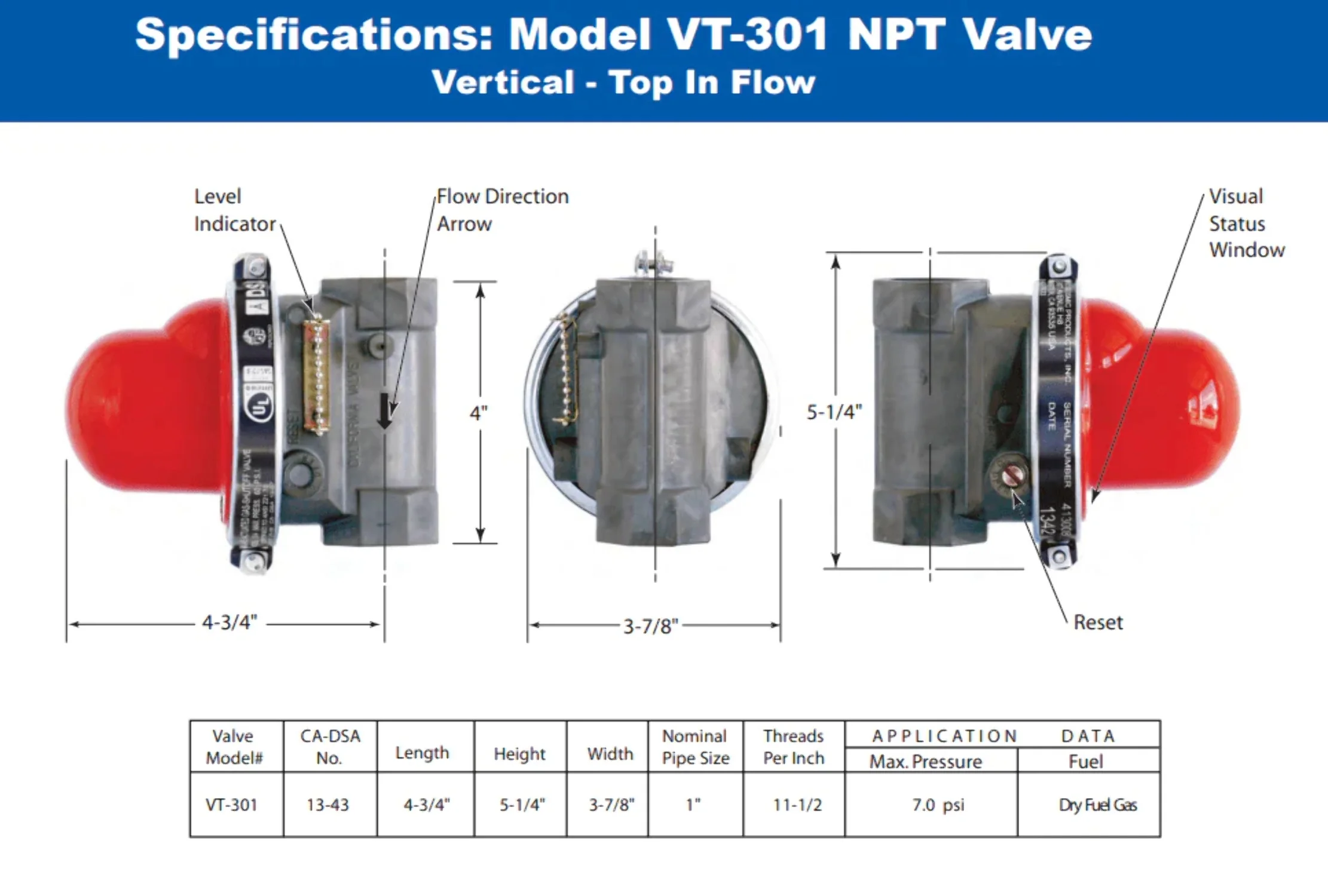 Pacific Seismic Products 301 Series 1 7PSI Vertical Top Inlet Earthquake Gas Shut-Off Valve