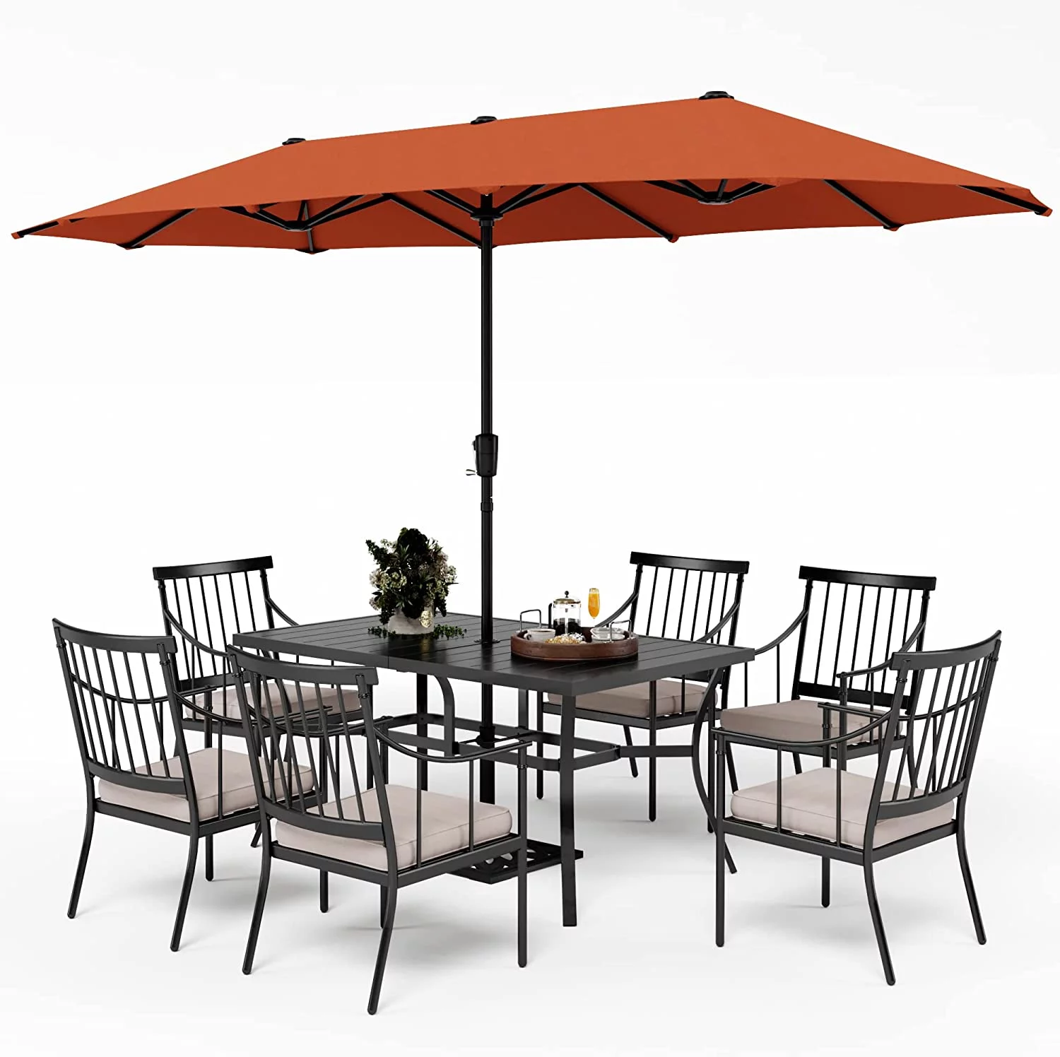 VILLA 5 Piece Outdoor Dining Set with 10ft Umbrella  37" Square Metal Dining Table & 4 Cushioned Metal Chairs & 3-Tier Beige Umbrella for Patio  Deck  Yard  Porch