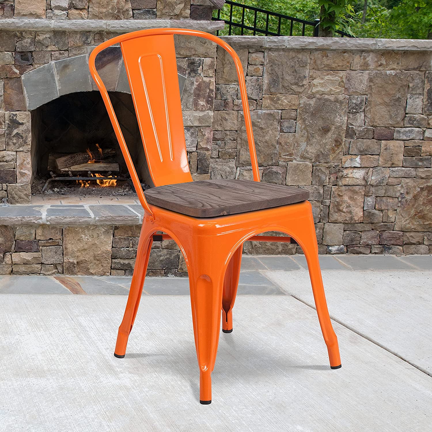 FDIGLUL Orange Metal Stackable Chair with Wood Seat