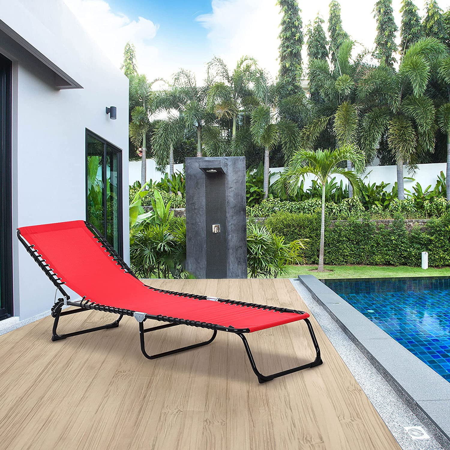 Outsunny Folding Chaise Lounge Pool Chair, Patio Sun Tanning Chair, Outdoor Lounge Chair with 4-Position Reclining Back, Breathable Mesh Seat for Beach, Yard, Patio, Wine Red