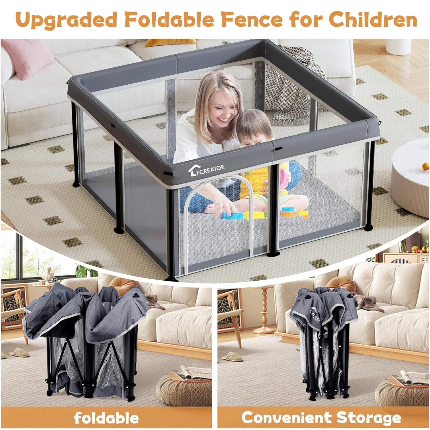 Foldable Baby Playpen, Playpen for Babies and Toddlers Indoor & Outdoor,Baby Activity Center with Visible Breathable Mesh,50”×50”（Grey）