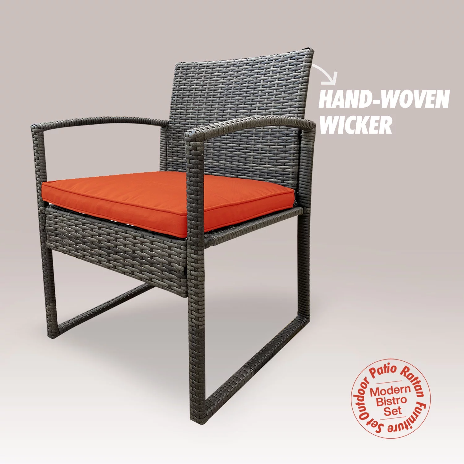 Aura 3-Piece Porch Sturdy Rattan Furniture Set -2 Soft Cushion Metal Chairs With a Glass Coffee Table - Orange