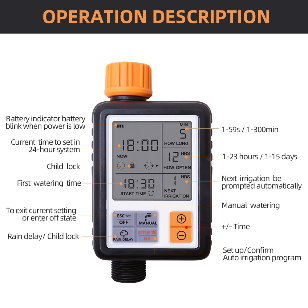 Automatic Programmable Digital Water Timer 3" Large Screen IP65 Waterproof For Garden Lawn Watering System Irrigation Timer