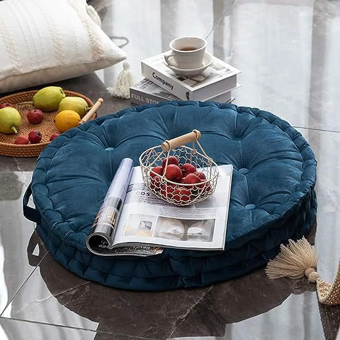 Zhuge Round Floor Pillow with Handle Solid Thick Chair Cushion Super Soft Comfy Seat Cushion Meditation Cushion for Yoga Living Room Sofa Balcony Outdoor (Blue, Diameter 24