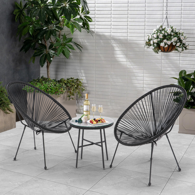 3 piece patio bistro conversation set with side table, Acapulco all-weather PE rattan chair set, flexible rope furniture outdoor with coffee table, for garden, backyard, balcony or poolside (black)
