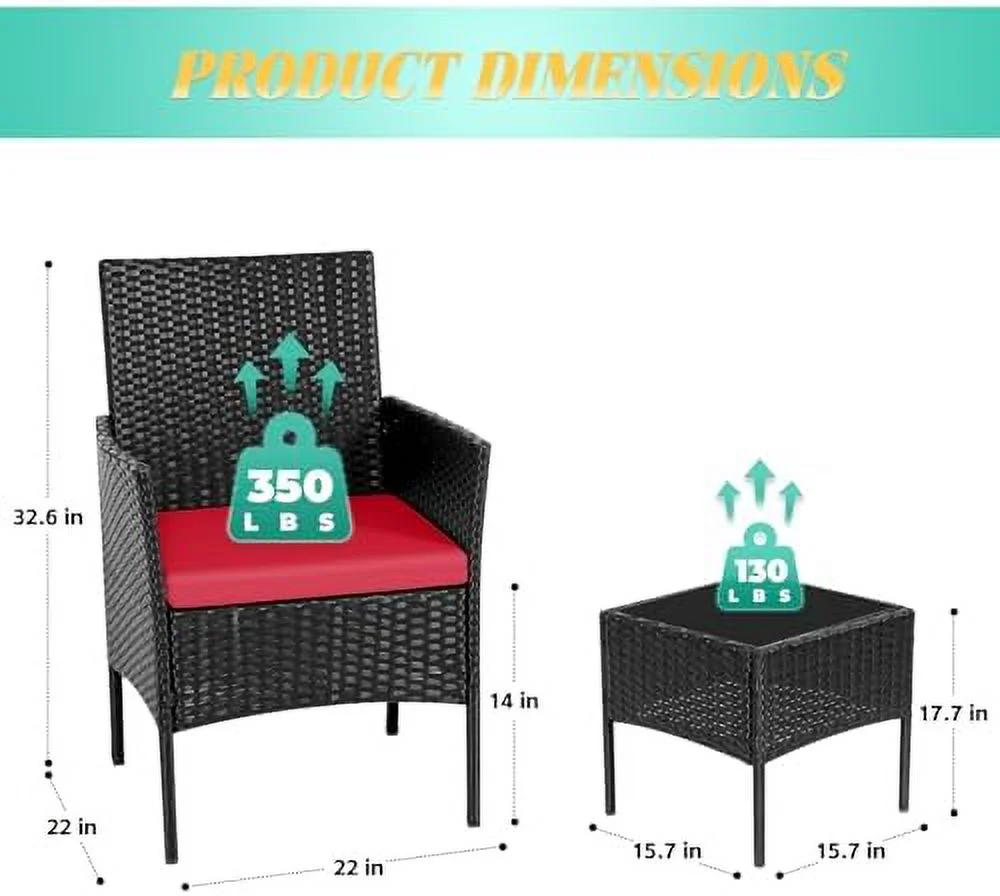 xrboomlife 3 Pieces Patio Set Outdoor Wicker  Sets Modern PE Rattan Chair Conversation Sets with Coffee Table for Yard Bistro Porch Balcony (Brown/Red)