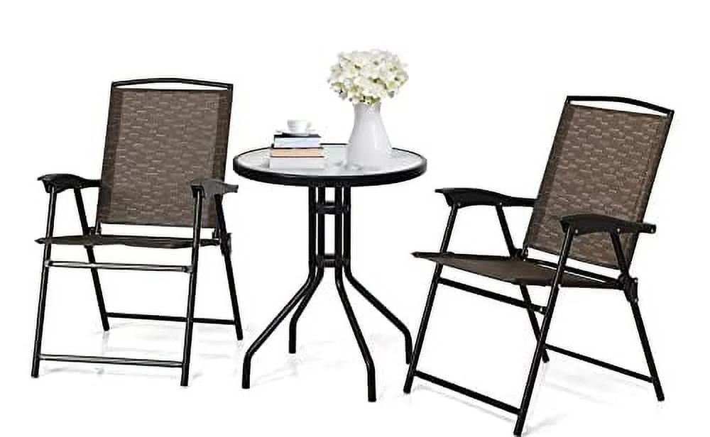 LUARANE 3 Piece Patio Bistro Set, Outdoor Table and Chairs Set, 2 Folding Chairs & Coffee Table w/Textured Glass Tabletop, Small Patio Furniture Set for Balcony, Front Porch, Backyard & Garden