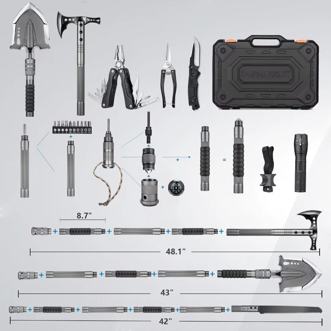 Survival Shovel Multitool with Axe 28 in 1 Unbreakable Tactical Shovel kit Compact Camping Shovel for Outdoor Caming Hiking Backpacking Emergency