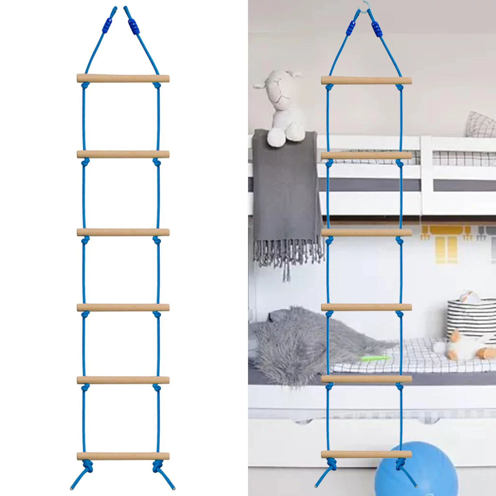 Rock Climbing Holds Set with Climbing Rope Ladder,Kid Climbing Grips DIY Wall Suits , Wooden blue and wooden