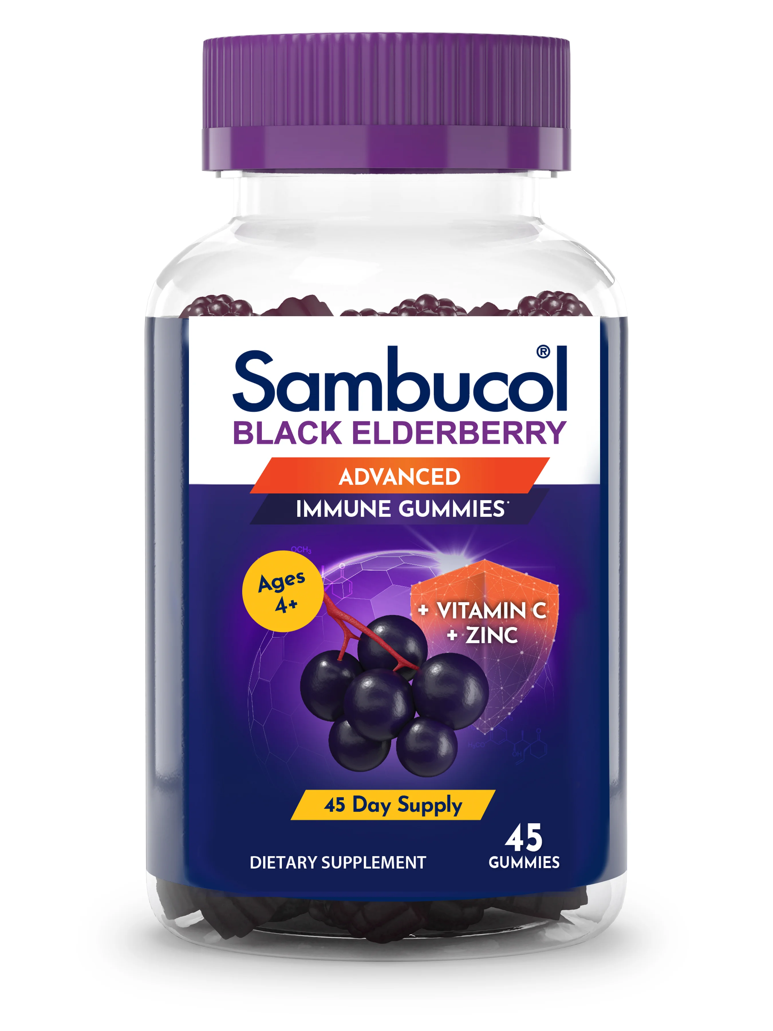 Sambucol Black Elderberry Immune Support Gummies with Vitamin C and Zinc - 45 Count