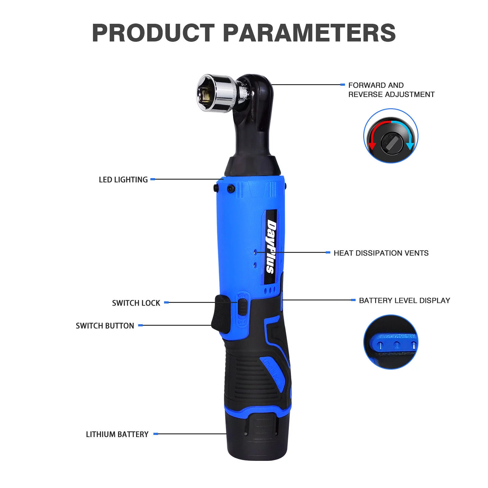 Dayplus 3/8'' Electric Cordless Ratchet Right Angle Wrench Tool Set + 2 Battery + Socket