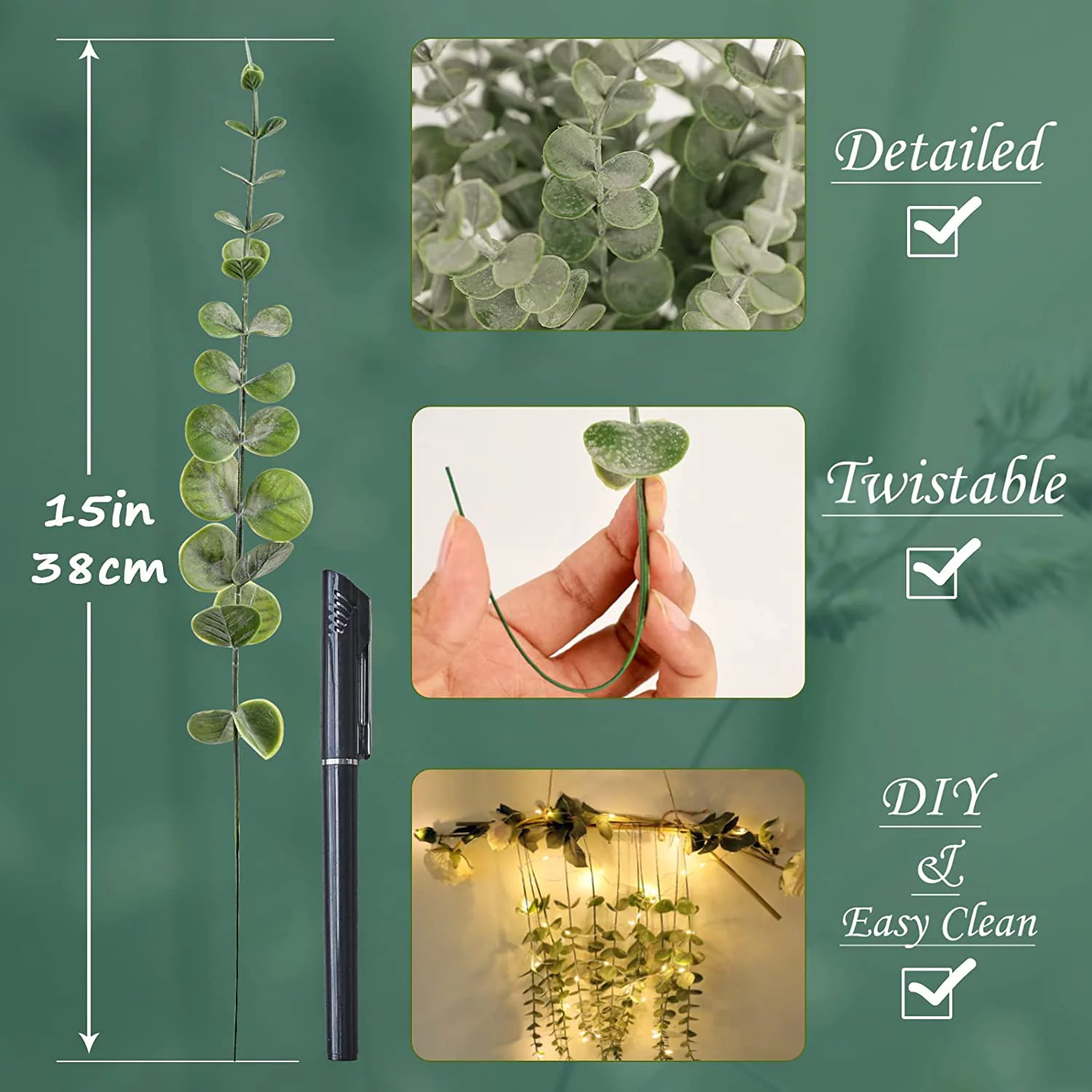 Zukuco Artificial Eucalyptus Stems Faux Eucalyptus Branches Leaves, Fake Silver Dollar Eucalyptus Plant for Wedding Home Bouquet Centerpiece Office Décor