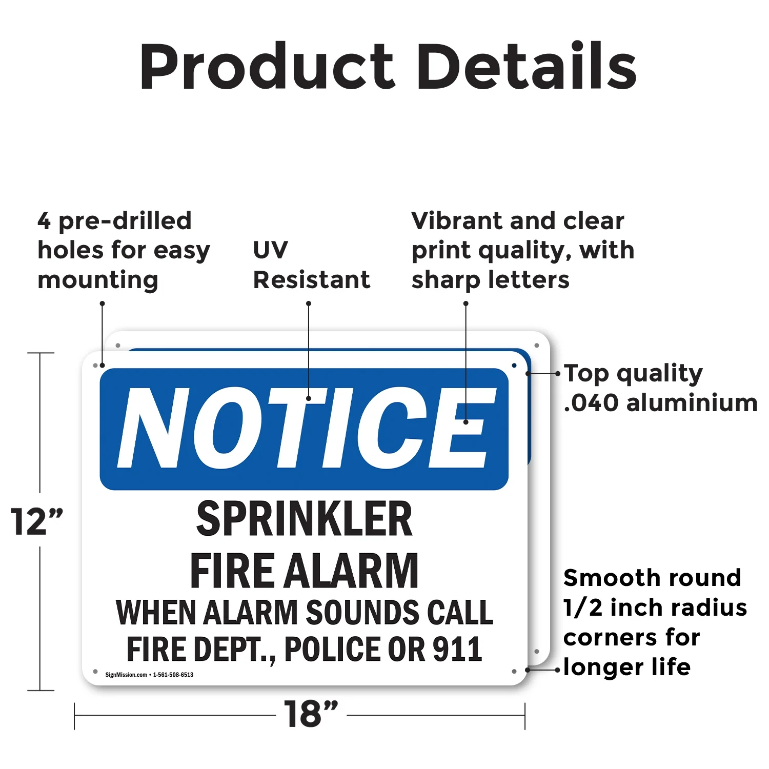 (2 Pack) Sprinkler Fire Alarm When Alarm Sounds Call OSHA Notice Sign 18 Inch X 12 Inch Indoor / Outdoor Rust-Free Aluminum Metal Signs for Workplace, Workshop, and Construction Site, Made in the USA