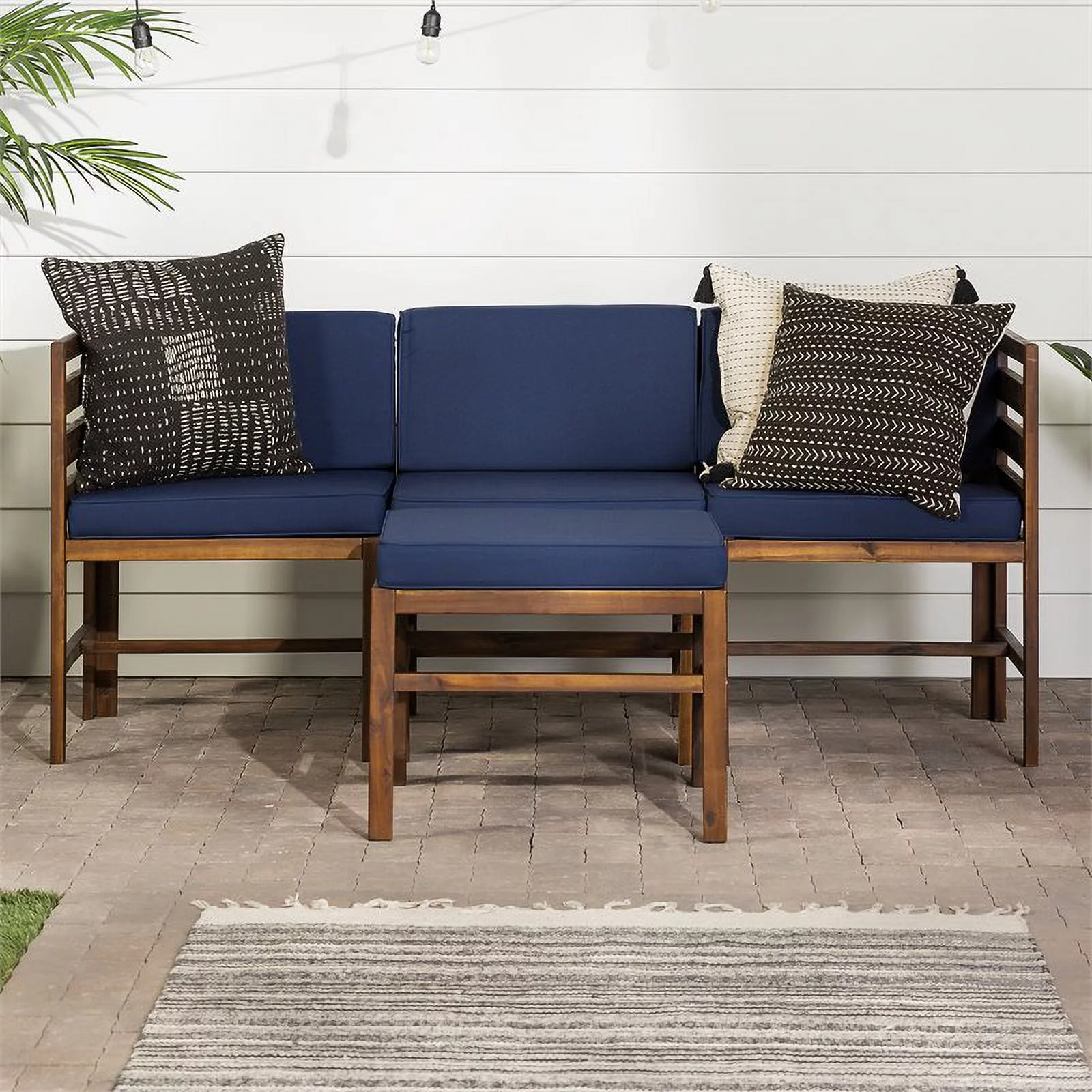 Sanibel 4 Piece Modular Acacia Set with Ottoman in Dark Brown/Navy Blue