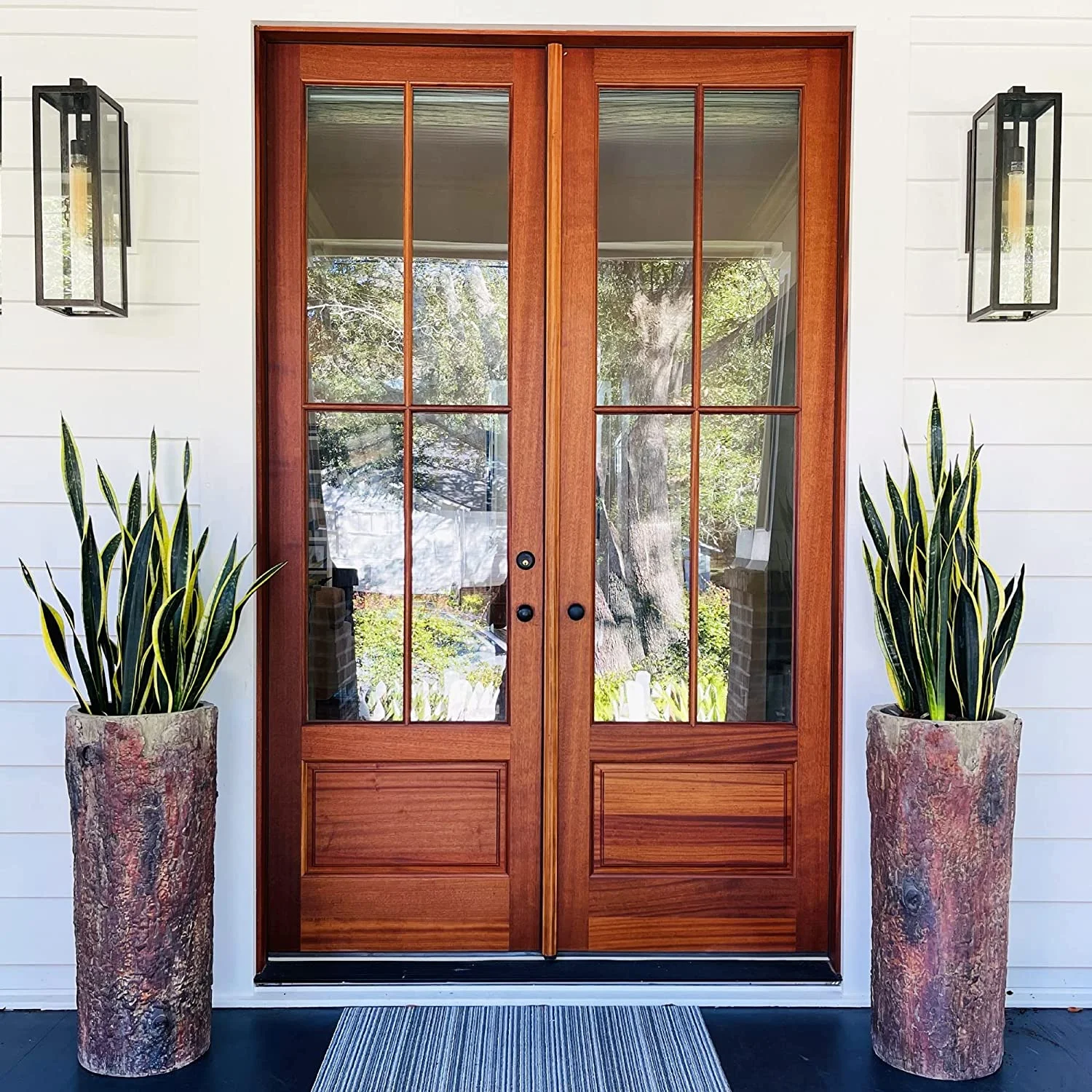 Country Front Door Tall Log Planters Set (2) Extra Large Heavy Cabin, Farmhouse & Lake House Entrance Pots. Rustic Porch & Patio Plant Decor.