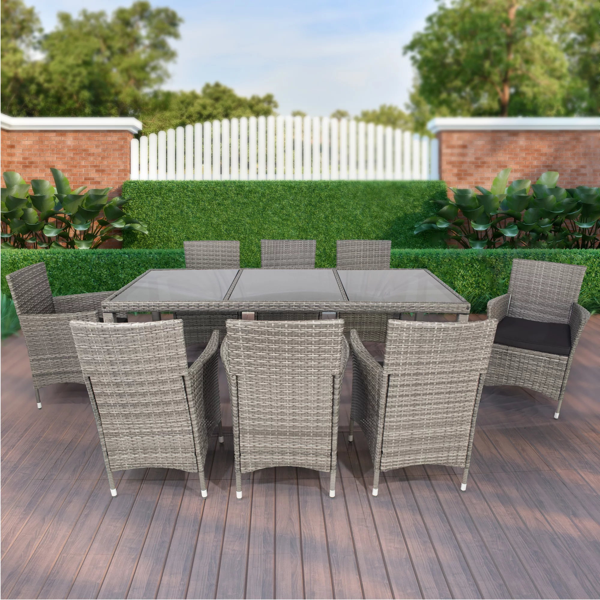 Homiyad 9 Piece Outdoor Patio Wicker Dining Set Patio Wicker Furniture Dining Set Glass Top Grey