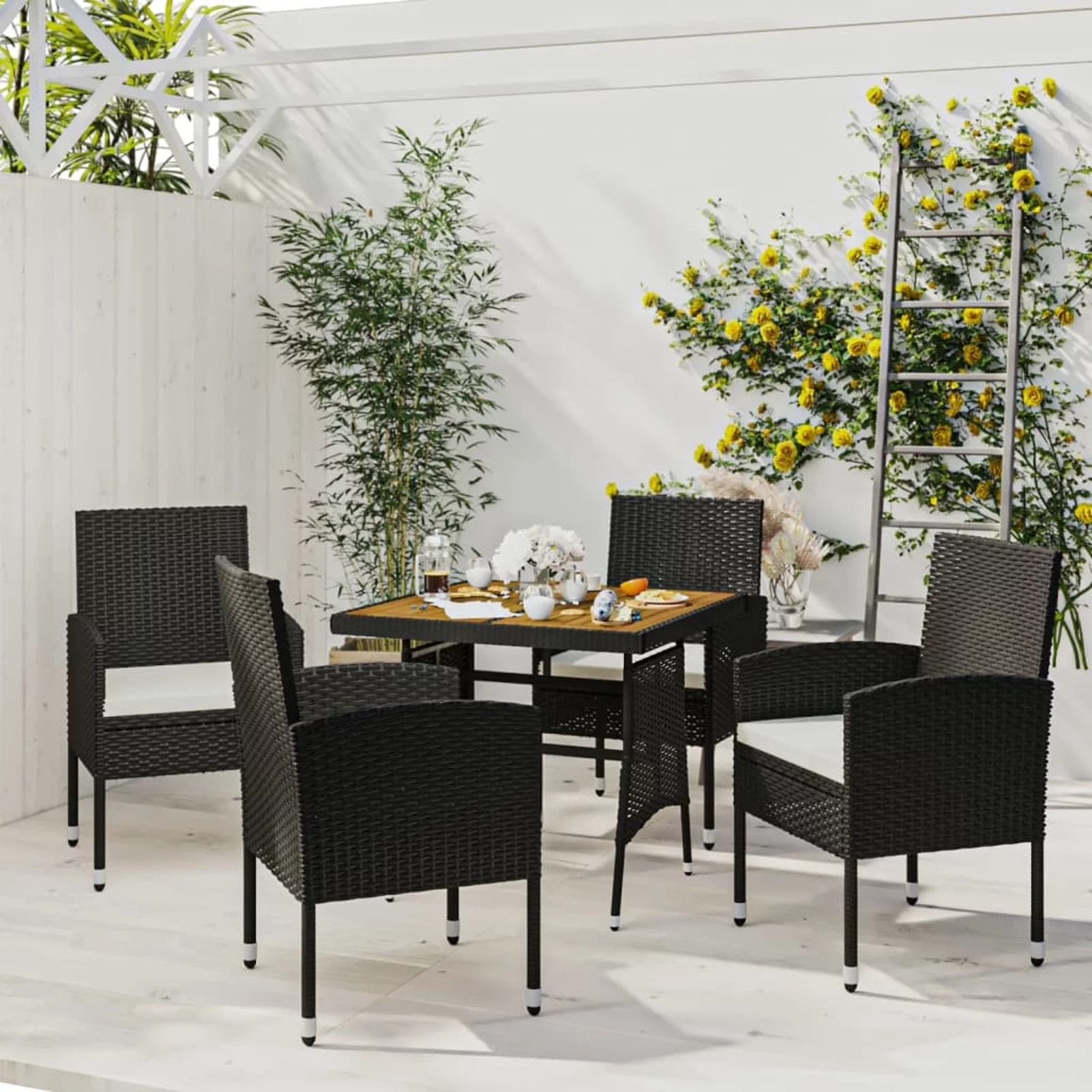 Walmeck 5 Piece Patio Dining Set Poly Rattan Black