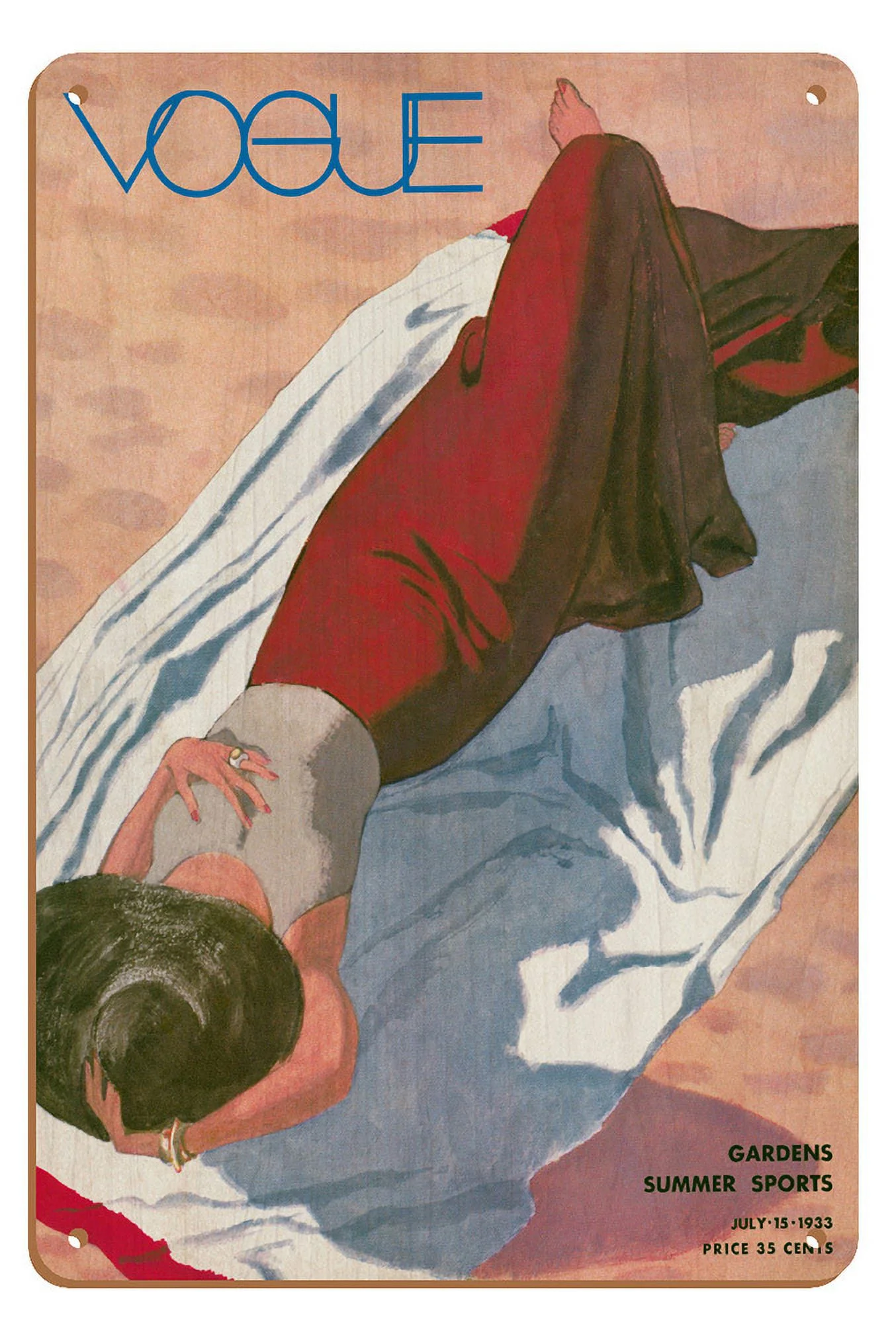 Fashion Magazine - July 15 1933 - Lady on Beach - Gardens Summer Sports - Vintage Magazine Cover by Pierre Mourgue c.1933 - 8 x 12 inch Vintage Wood Art Sign