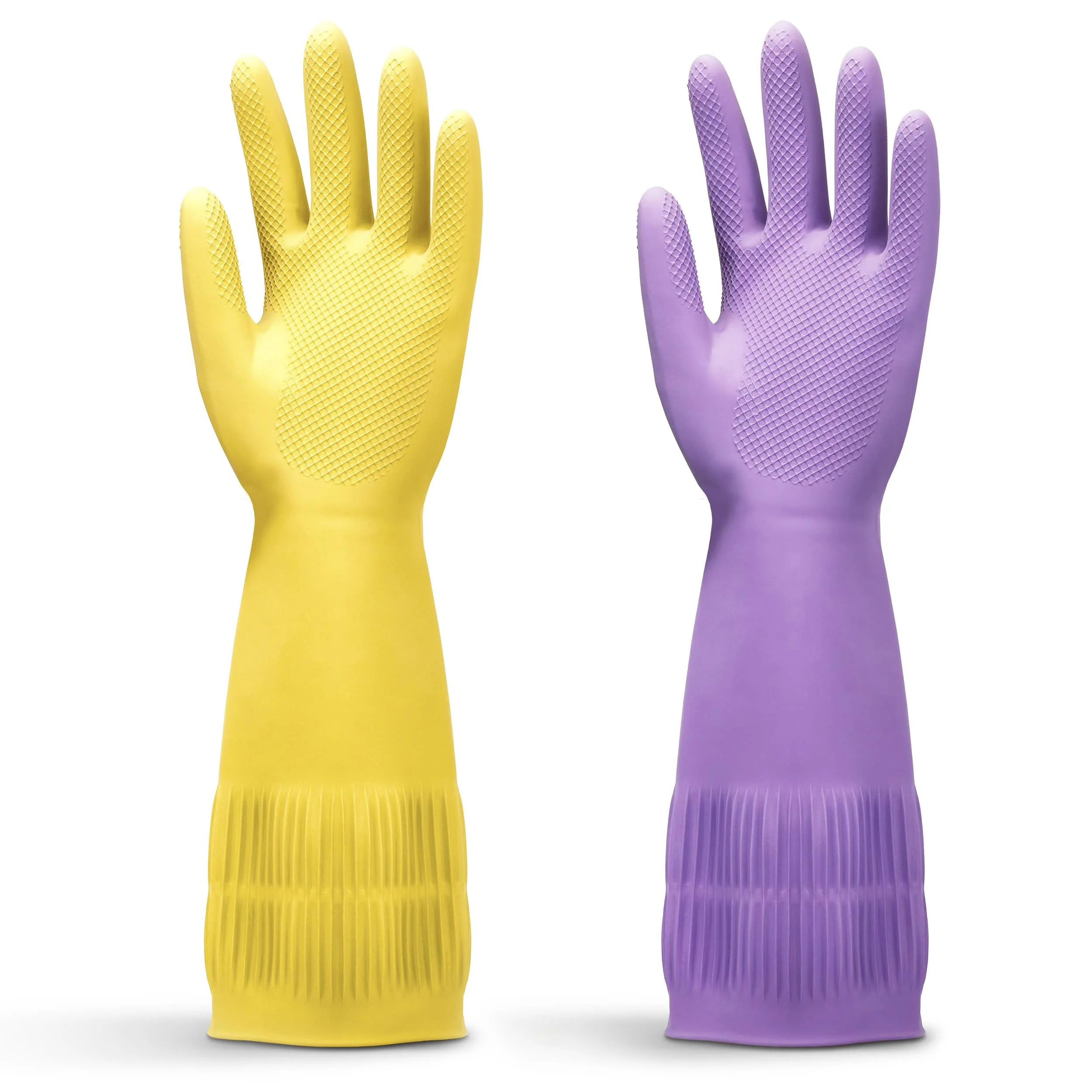 FMP Brands 12 Pairs Extra Long Dishwashing Gloves, 15 Inch Long Rubber Gloves for Washing Dishes, Non-Slip Cleaning Gloves, Latex Dish Gloves for Kitchen, Bathroom, Gardening (Medium, Yellow + Purple)
