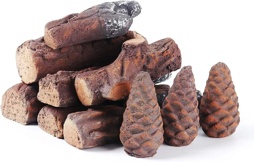 10pcs Ceramic Log Set for Gas Fireplace, Small Fake Wood Logs Set, Gas Fireplace Logs Decoration for Propane, Gas, Gas Inserts, Gel, Ethanol, Electric, Indoor, Outdoor, Fire Pits