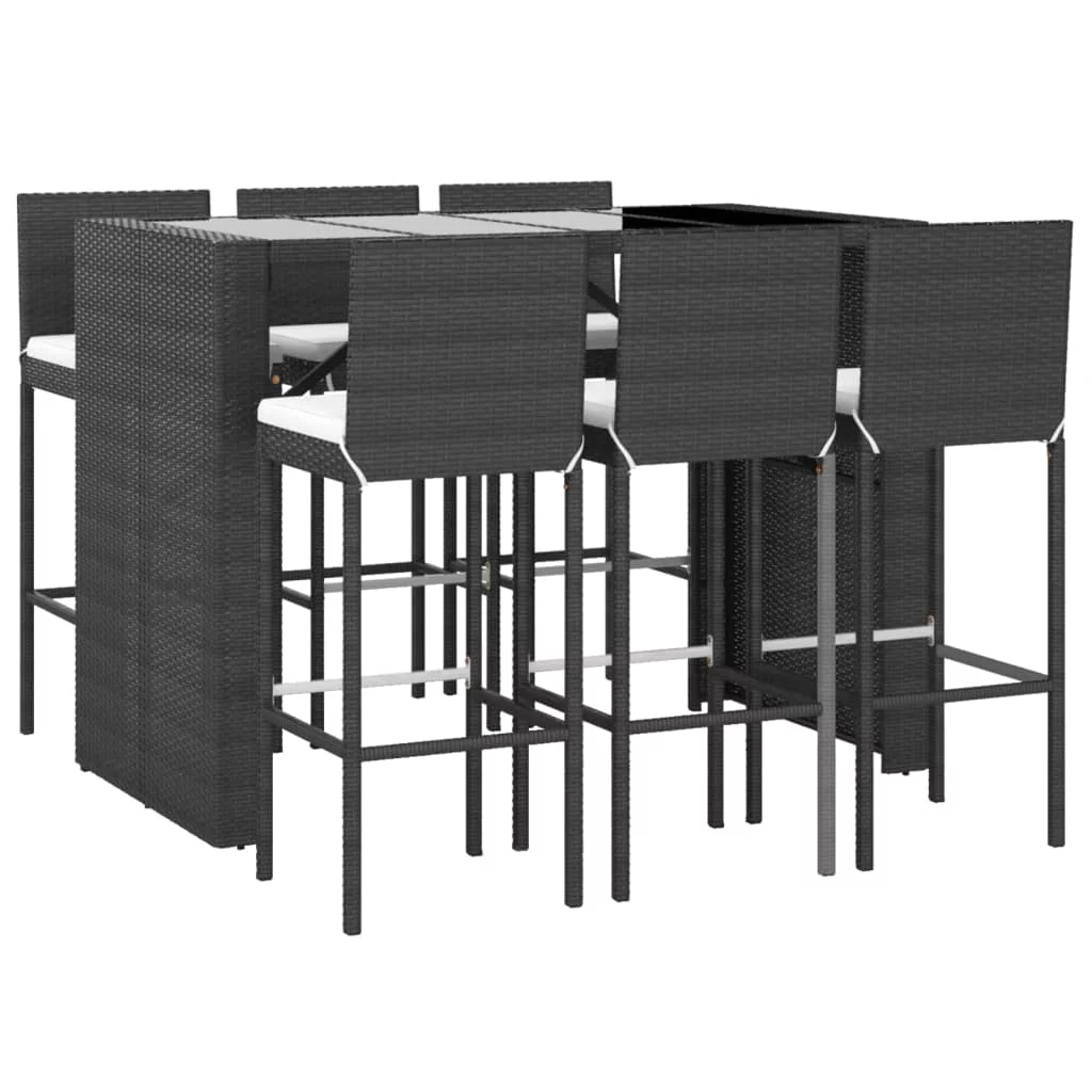 Dcenta 7 Piece Patio Bar Set with Cushions Black Poly Rattan