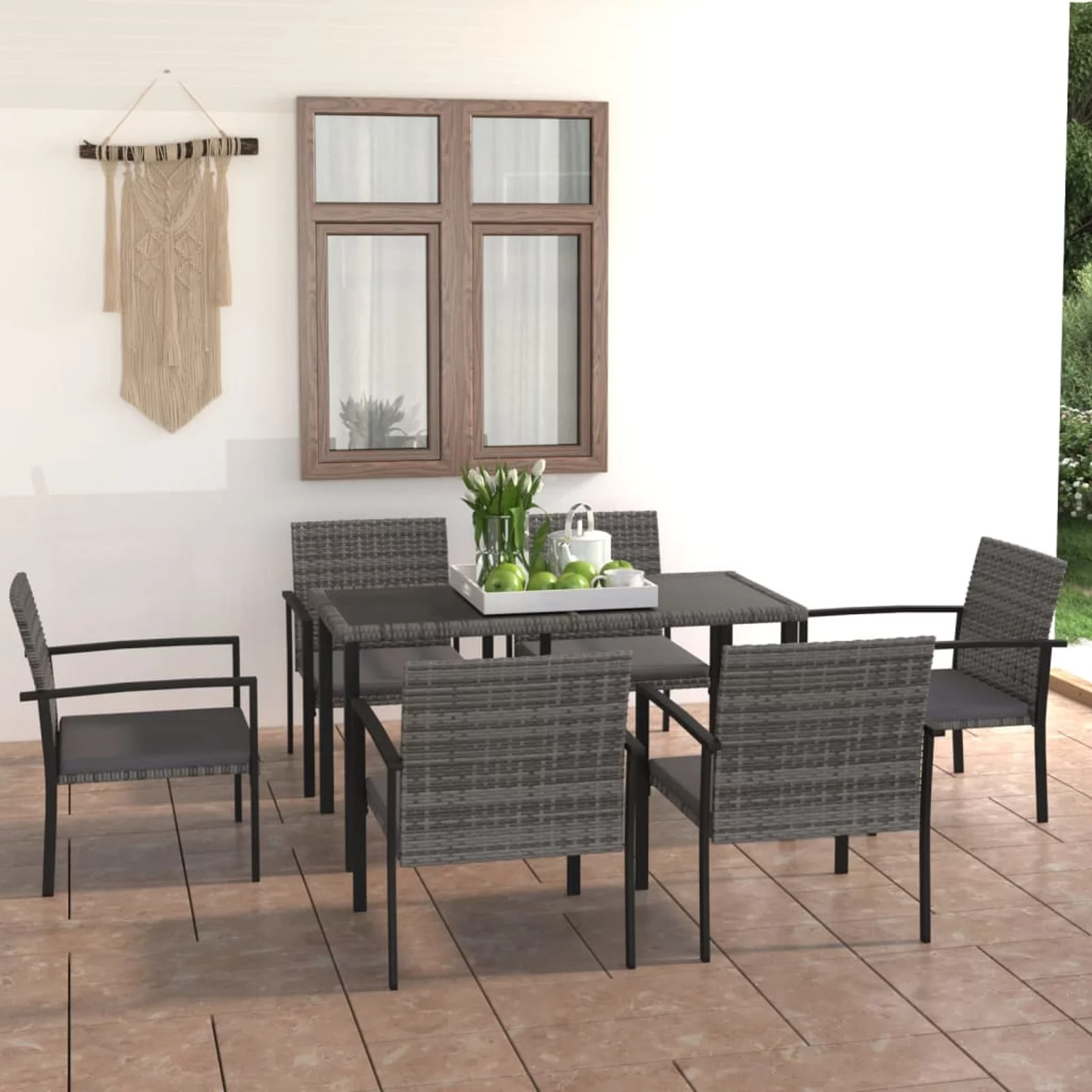 Tomshoo 7 Piece Patio Dining Set Poly Rattan Gray