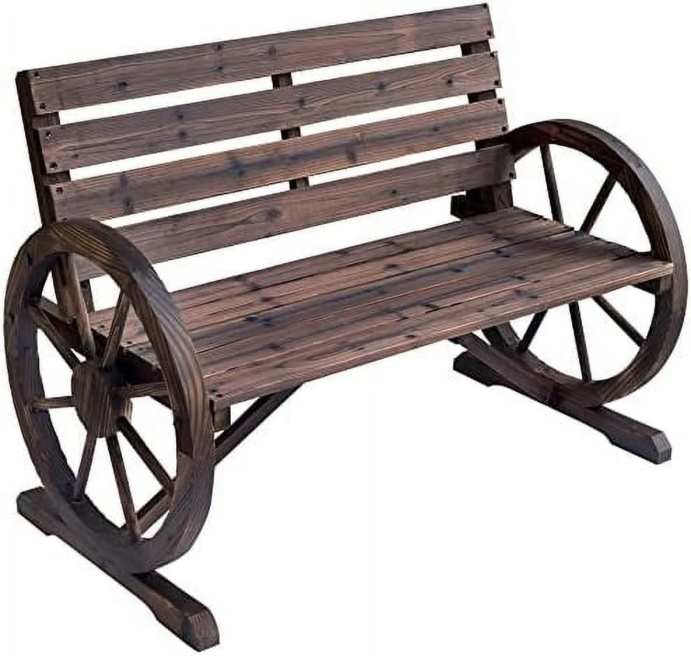 MQLIFEBOOM Wooden Wagon Wheel Bench  Rustic Outdoor Patio   2-Person Seat Bench for Backyard  Patio  Garden  41.5" x 23.25" x 29.5"  Brown
