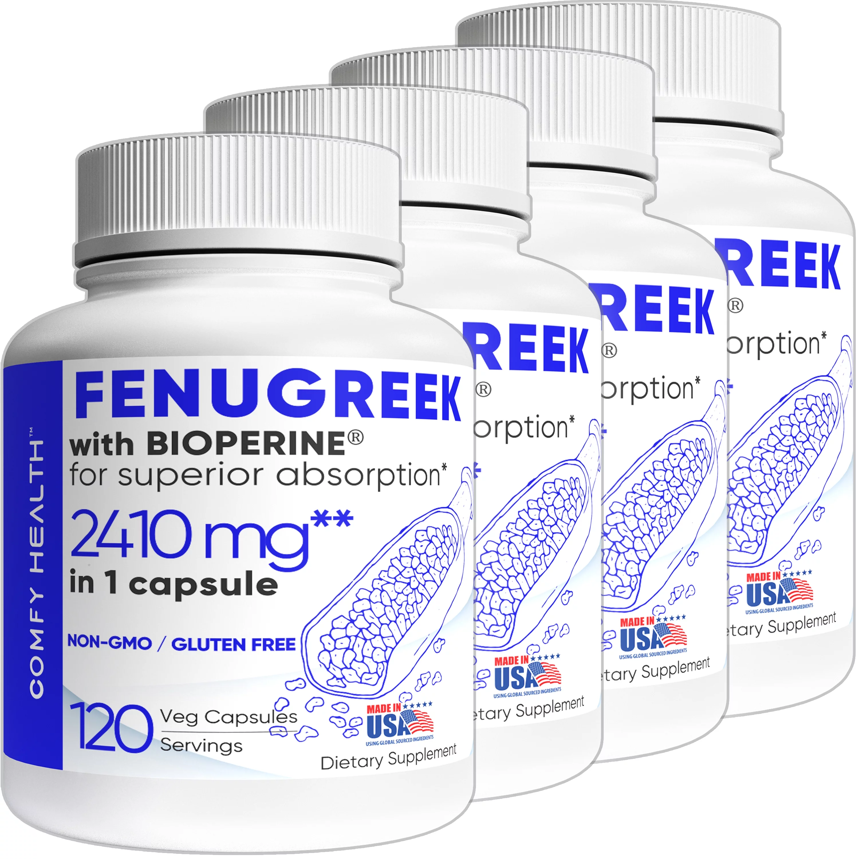 COMFY HEALTH Fenugreek Capsules, 2410mg Per Capsule, 480 Count, Fenugreek Pills With Bioperine For Superior Absorption, Non-GMO, Gluten Free Fenugreek Seeds Extract Supplements, Fenogreco Capsulas