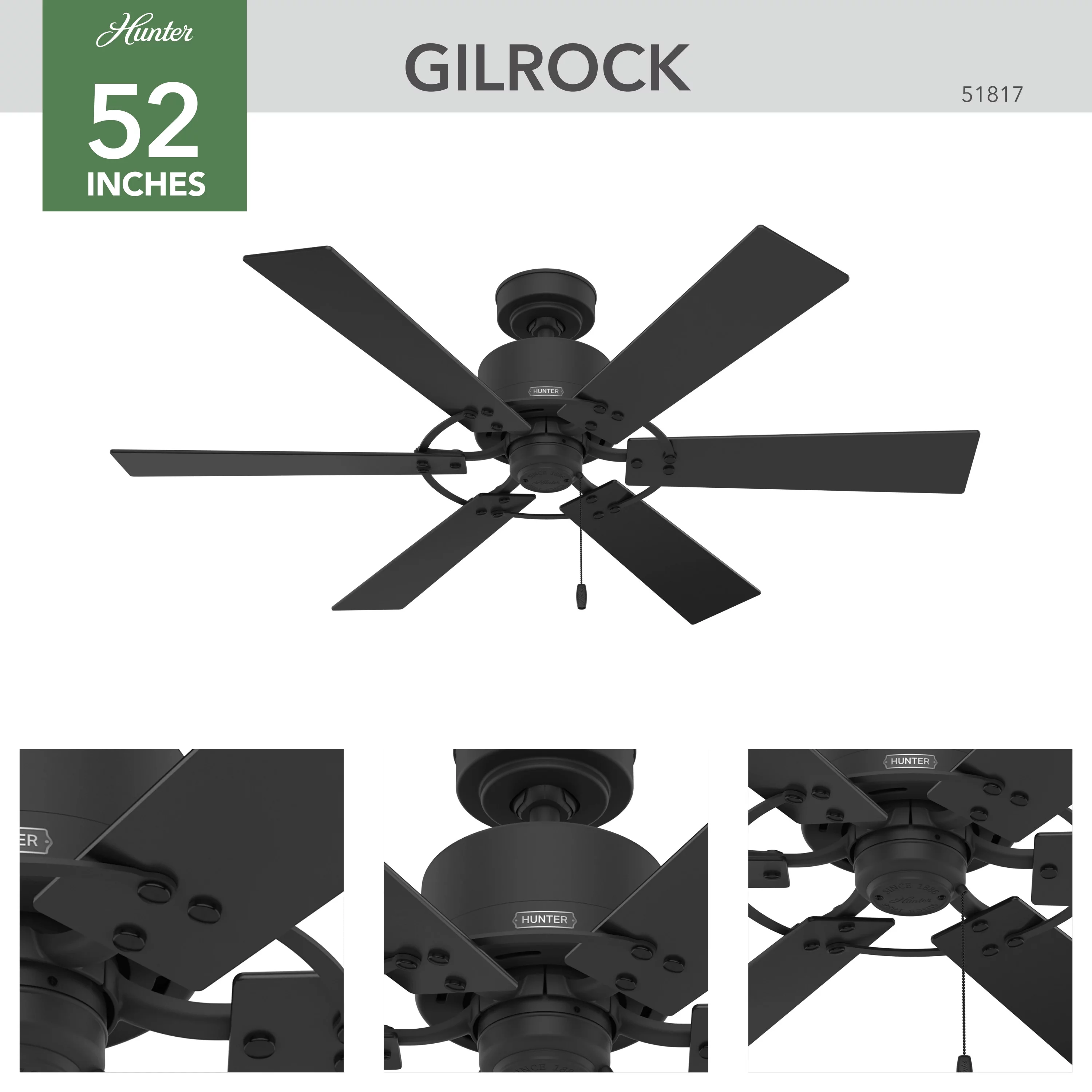 Hunter 52 inch Gilrock Matte Black Ceiling Fan and Pull Chain
