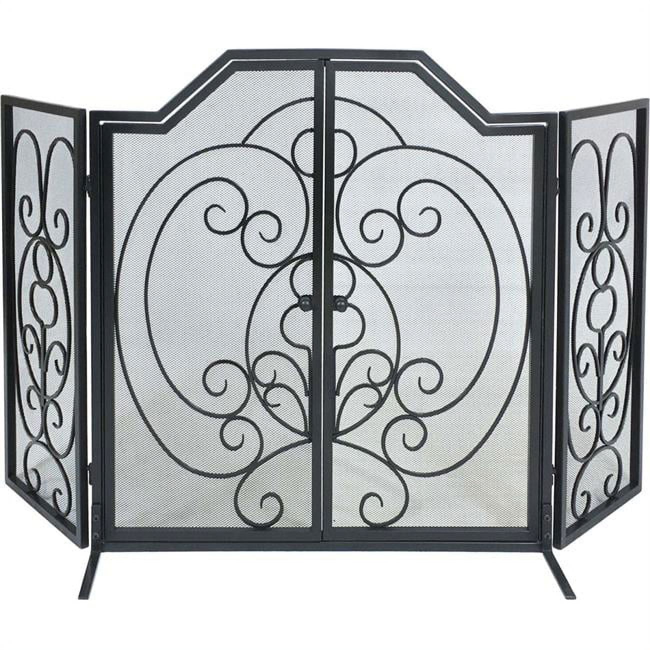 3 Fold Center Arched Wrought Iron Screen with Doors, Black
