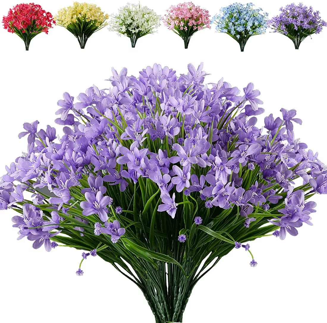 Zukuco 8 Bundles Artificial Flowers Fake Daffodils Flowers UV Resistant No Fade Faux Greenery Faux Plastic Lotus for Wedding Garden Hanging Planter Indoor Porch Patio Office Home Decoration (Purple)