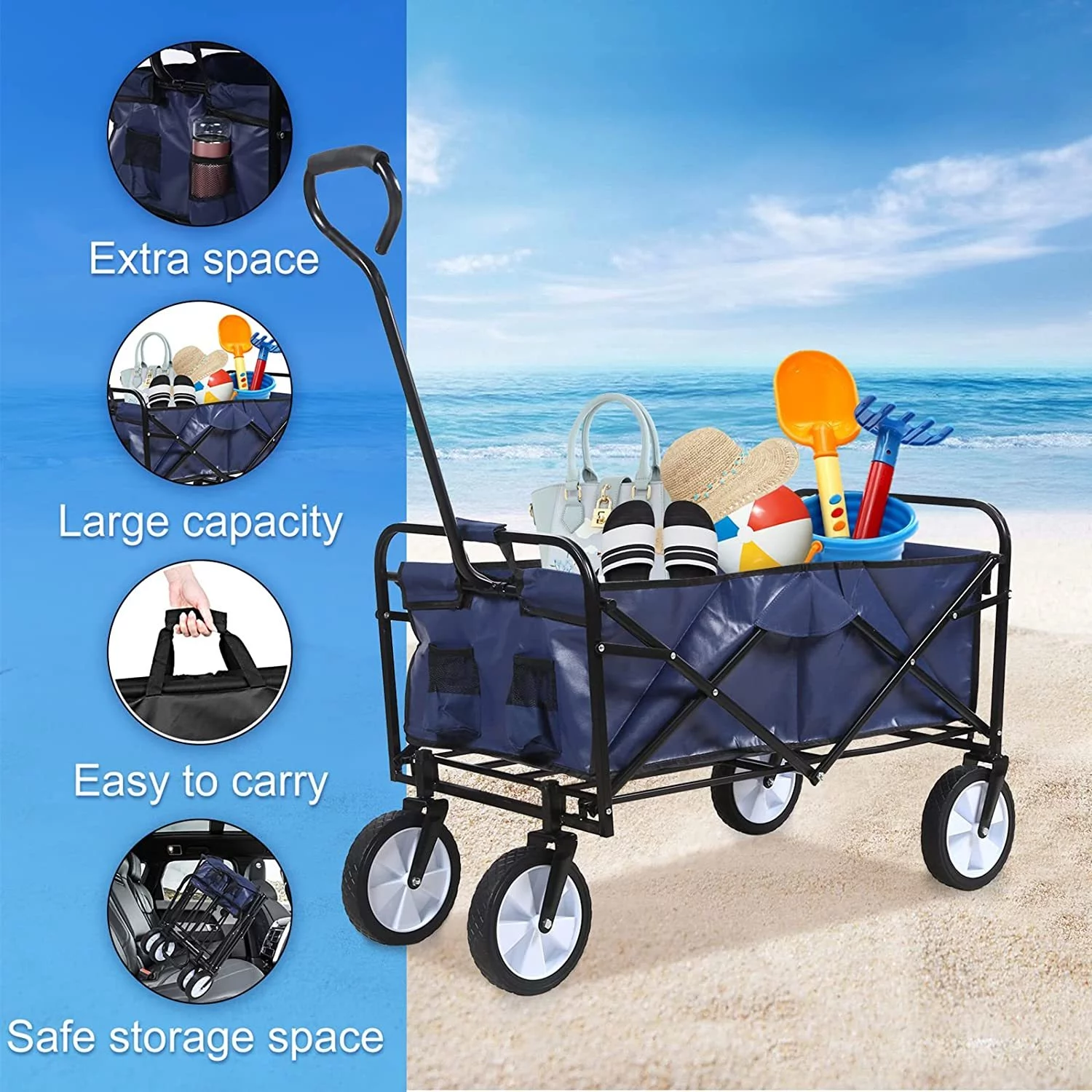 WJUN Rolling Collapsible Garden Cart Camping Wagon, with 360 Degree Swivel Wheels & Adjustable Handle, 220lbs Weight Capacity,Blue
