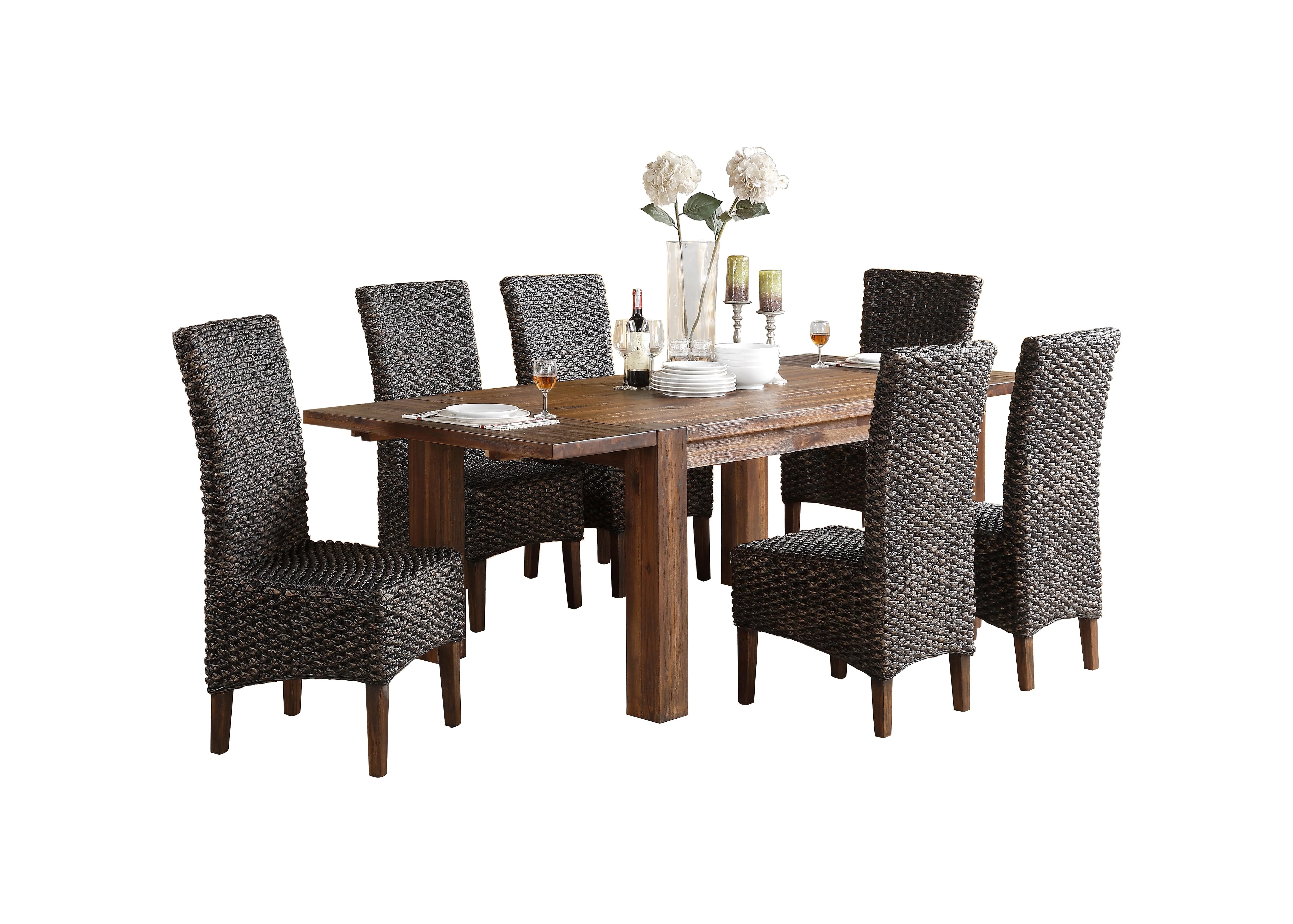 Millstone Modern 7PC Rectangle Table, 6 Water Hyacinth Chair Dining Set in Acacia Rustic Brown