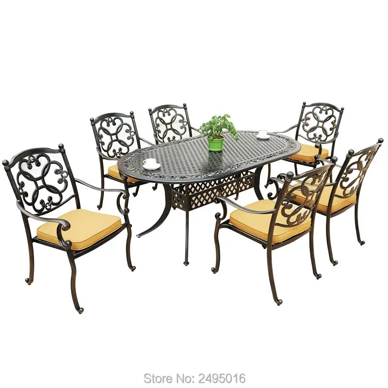 Outdoor Cast aluminum sets oval table metal chairs Lawn dining sets Garden coversationset Patio furniture tea sets 7pcs antrust