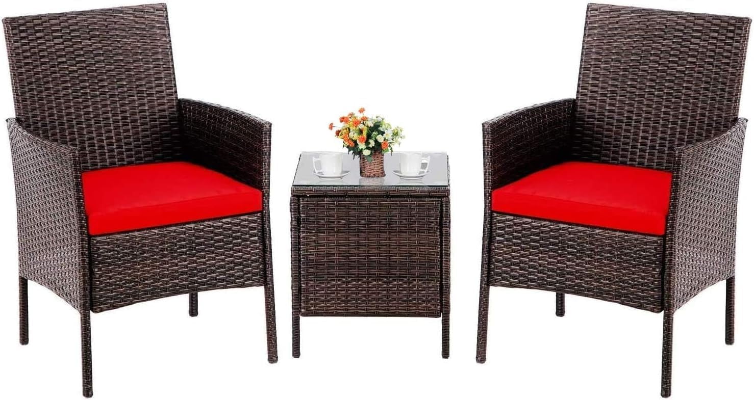 SJUIOK 3 Piece Patio Chairs for Outdoor  Black Wicker Chair  Small Patio and Front Porch    with Glass Top Coffee  Patio  (Brown Thickened Cushion)