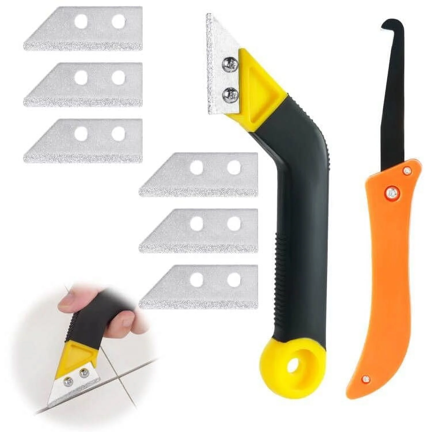 Plastic Pro Grout Scraping Rake Tool, Grout Saw Knife with 7PCS Blades and 1PC Tile Seam Hooking Knife, Grout Remover Tile Grout Saw Angled Grout Scraping Rake Tool for Tile Cleaning