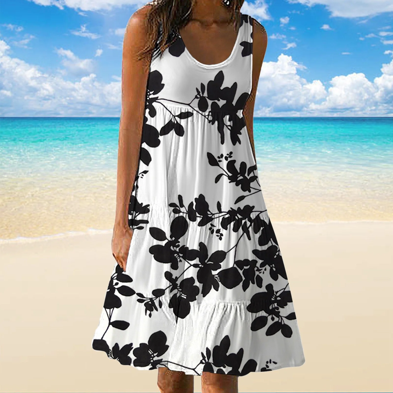 Winter Skater Skirt Summer Women Casual Dress Crew Neck Sleeveless Tank Dress Beach Dress Swing Dress Fashion Loose Midi Dress Skirt Hangers