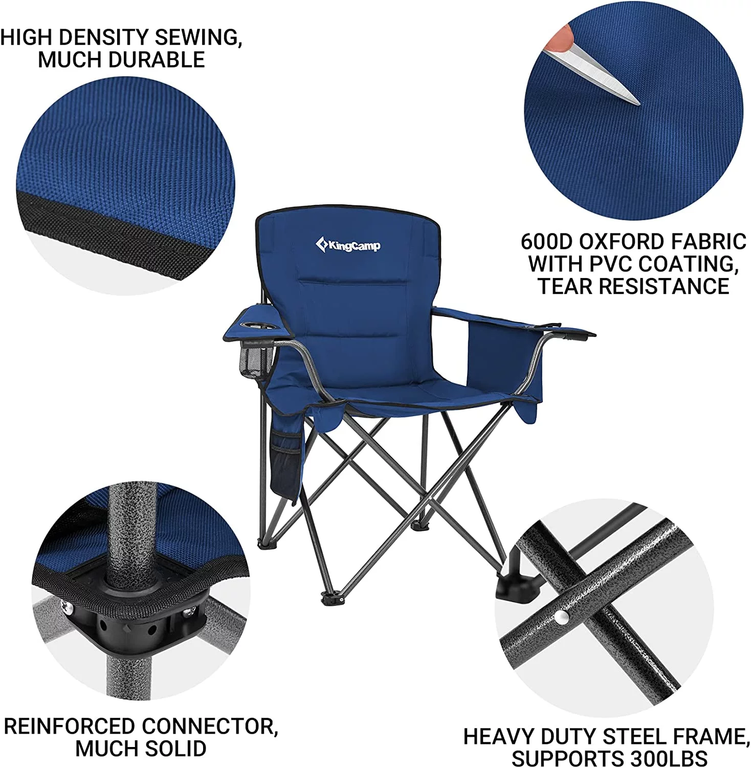 KingCamp Oversized Heavy Duty Outdoor Camping Folding Chair, Ultralight Collapsible Padded Arm Chair Supports 300 lbs,Blue