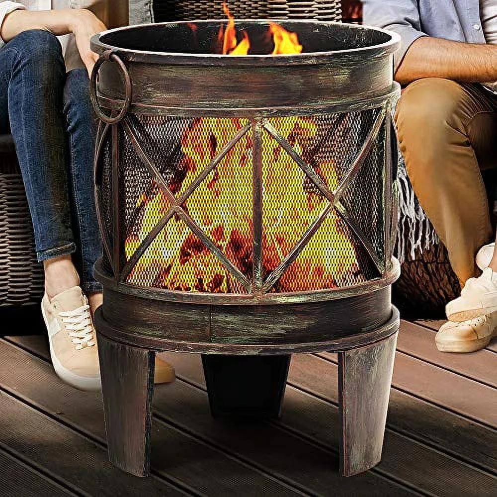 AMAGABELI GARDEN & HOME Fire Pit Outdoor Wood Burning Firebowl Fireplace Heater Log Charcoal Burner Extra Deep Large Round Camping Outside Patio Backyard Deck Heavy Duty Metal Grate Bronze