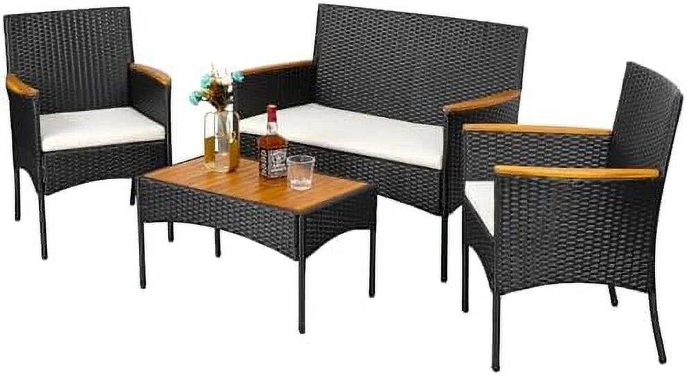 ZWNLKQG 4 Pieces Outdoor Patio  Sets Conversation Sets Rattan Chair Wicker Set Coffee Table Outdoor Indoor Use Backyard Porch Garden Poolside Balcony (Grey Rattan/Sky Blue)