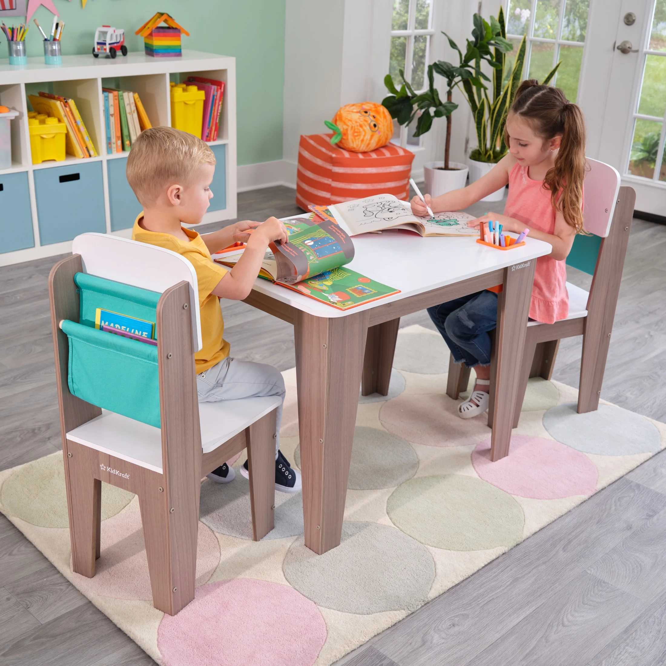 KidKraft Wooden Pocket Storage Table and 2 Chair Furniture Set – Gray Ash
