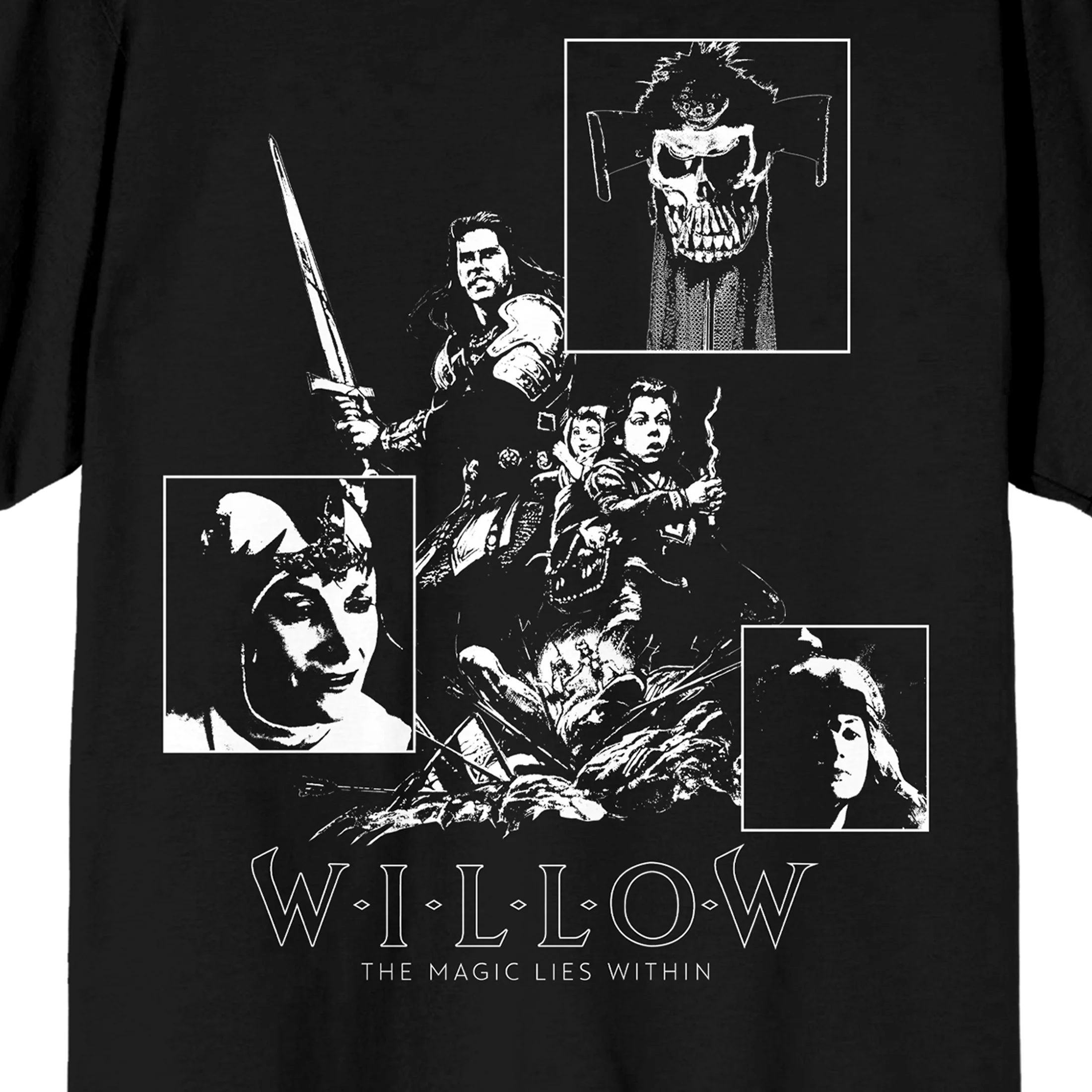 Willow (1988) Black and White Character Collage Men's Black Graphic Tee-Small