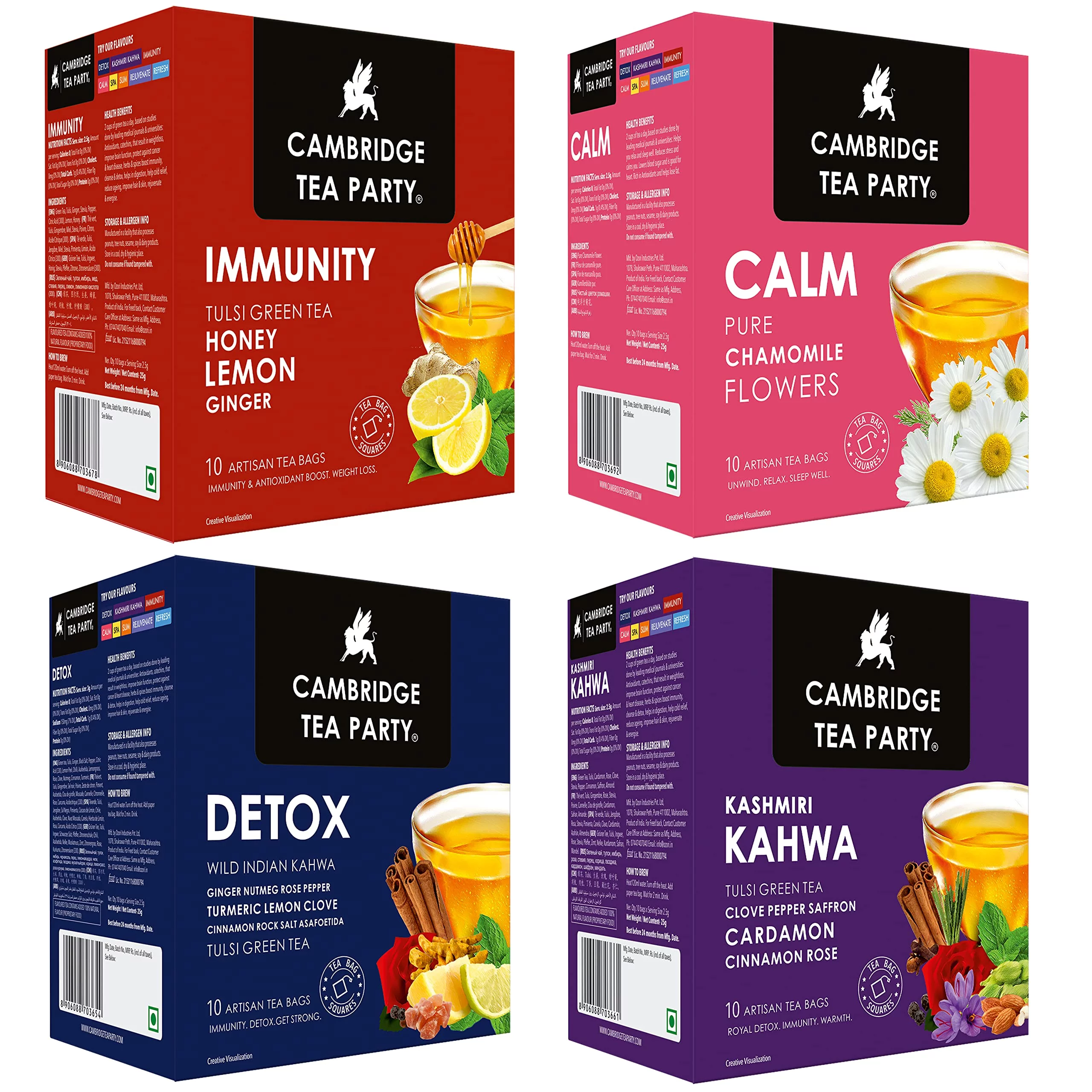 Cambridge Tea Party Assorted Tulsi Green Tea 40 Bags, Detox Kahwa, Kashmiri Kahwa, Immunity Honey Lemon Ginger, Calm Chamomile