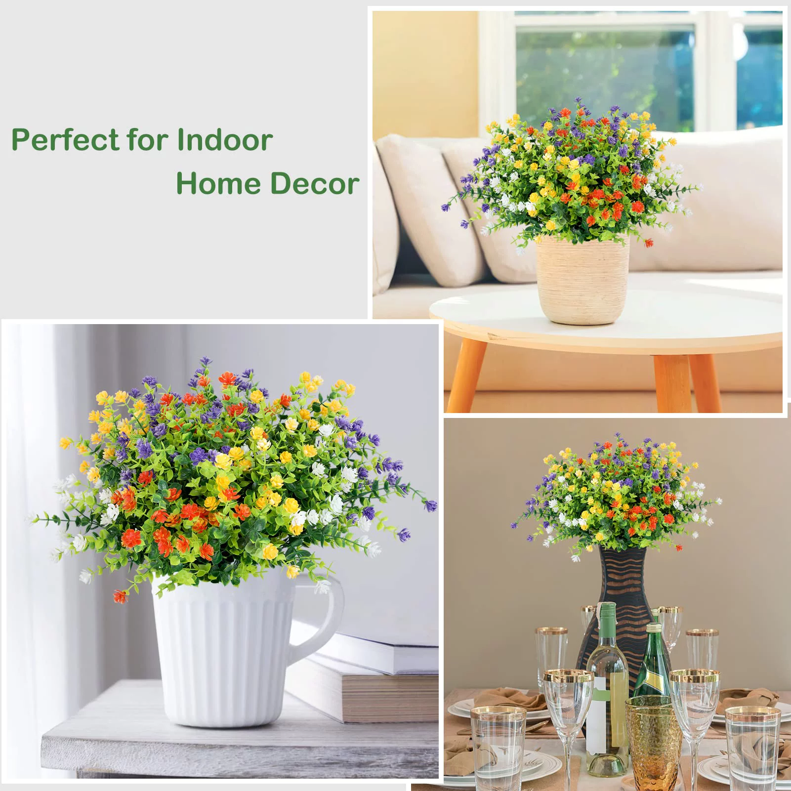 24 Bundles Artificial Flowers Outdoor Fake Flowers for Home Decoration, UV Resistant Faux Plastic Greenery Shrubs Plants for Hanging Garden Porch Window Box Decor 4 Colors