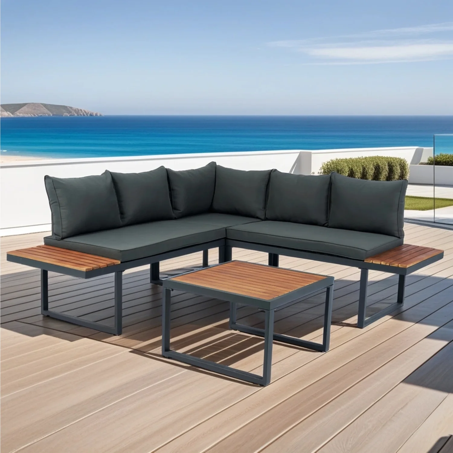 Stylish 4-Piece L-Shaped Outdoor Patio Wicker Sectional Sofa Seating Group with Dark Grey Cushions  including Side Table - Perfect for Entertaining Guests and Enjoying Summer Days in the