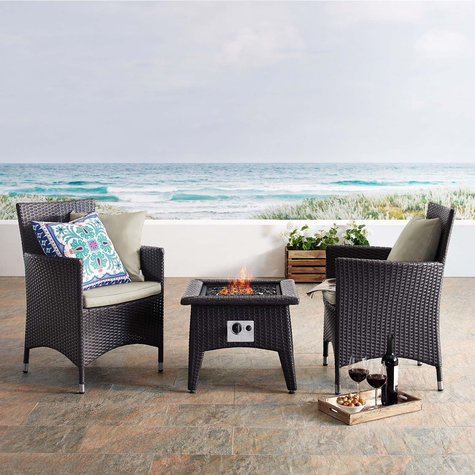 Modway Convene 3 Piece Set Outdoor Patio with Fire Pit in Espresso Beige