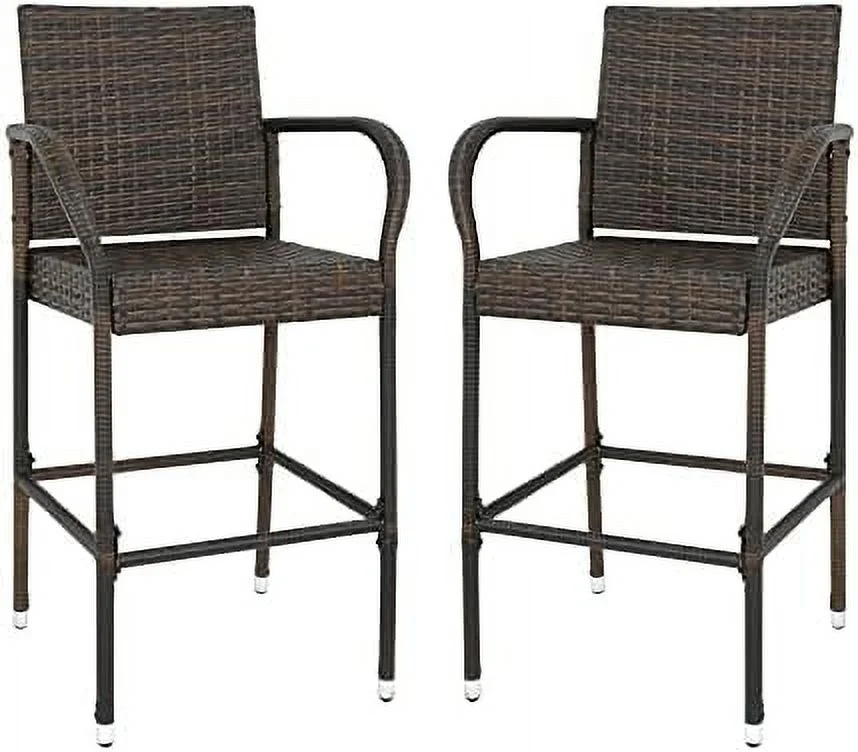 SQRTYR Upgraded Wicker  Stool Chairs Outdoor Backyard Rattan Chair w/Iron Frame  Armrest and Footrest (2)