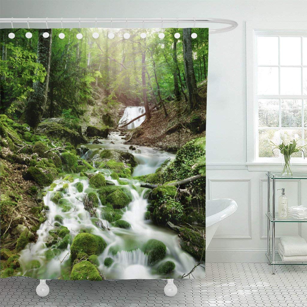 ARTJIA Green Jungle Forest Waterfall and Rocks Covered with Moss Tree River Rain Creek Fall Polyester Shower Curtain Bathroom Decor 66x72 inches
